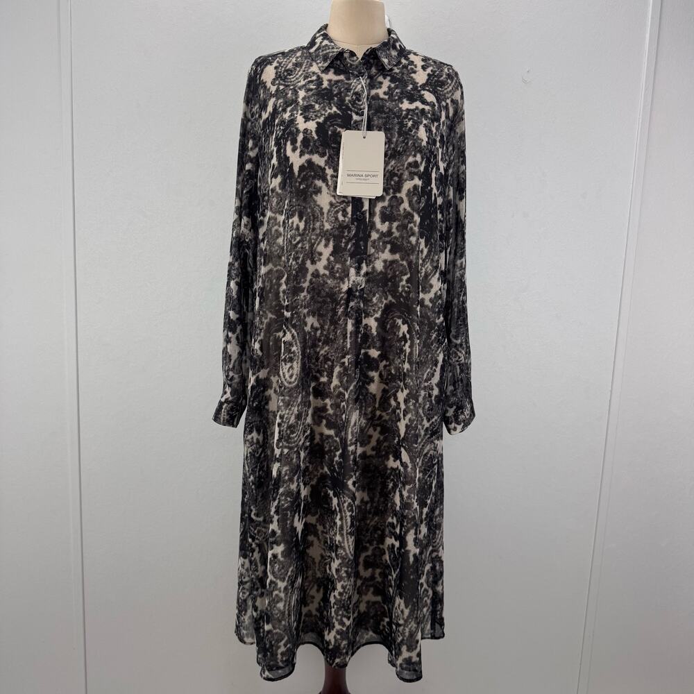NWT Marina Rinaldi Grey Chiffon Button Down Printed Dress sz 14 Travel Old Money - Picture 2 of 12